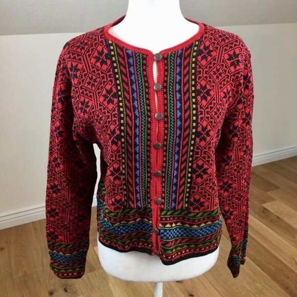 Vintage 90’s Geometric Cotton Cardigan Sweater - Picture 1 of 8